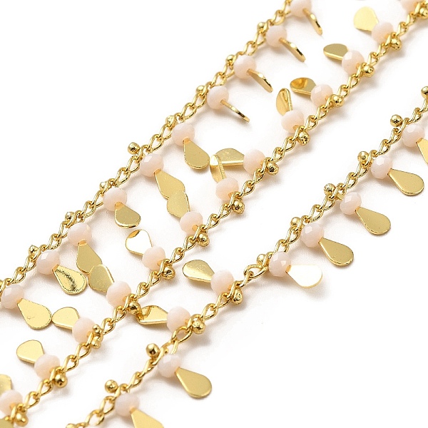 

PandaHall Glass Beaded Teardrop Charm Chains, with Real 18K Gold Plated Brass Curb Chains, Soldered, with Spool, Pink, 1.5mm Brass+Glass...