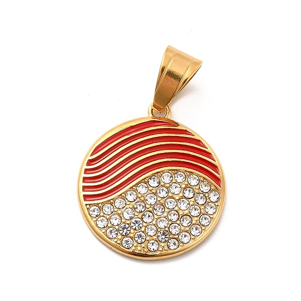 pandahall 304 stainless steel enamel pendants, with crystal rhinestone, flat round charms, golden, red, 24x21x2.5mm, hole: 8x5mm stainless...