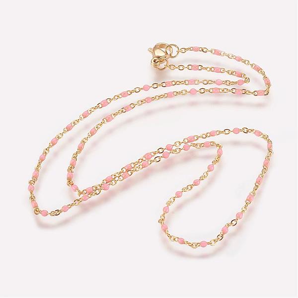 

PandaHall 304 Stainless Steel Chain Necklaces, with Enamel Links, Golden, Pink, 17.91 inch(45.5cm), 1.5~2mm 304 Stainless Steel Pink