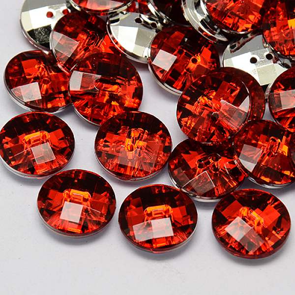 PandaHall Taiwan Acrylic Rhinestone Buttons, Faceted, 2-Hole, Disc, Red, 15x5mm, Hole: 1mm Acrylic Rhinestone Disc Red