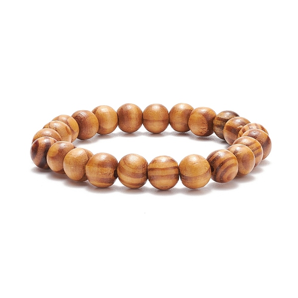 Natural Wood Round Beaded Stretch Bracelet
