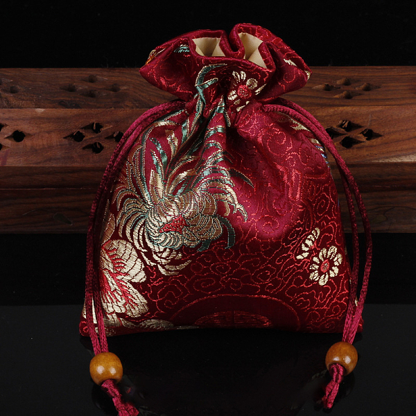 

PandaHall Chinese Style Flower Pattern Satin Jewelry Packing Pouches, Drawstring Gift Bags, Rectangle, Dark Red, 14x11cm Cloth Rectangle