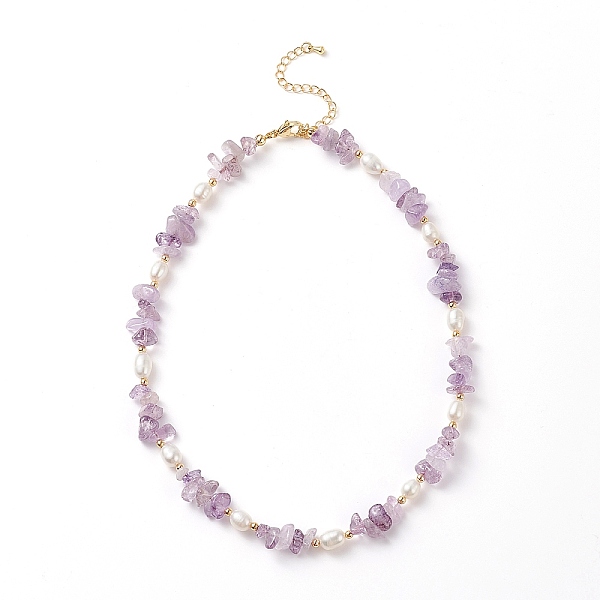 

PandaHall Natural Amethyst Chips & Pearl Beaded Necklace, Gemstone Jewelry for Women, 15.35 inch(39cm) Amethyst