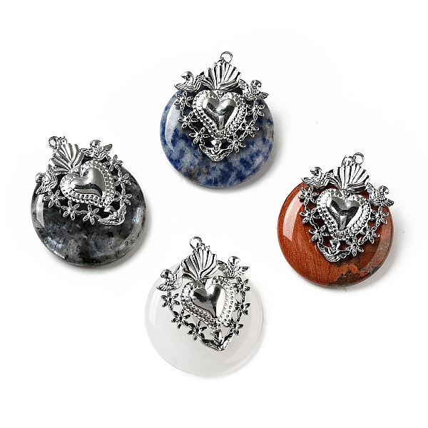

PandaHall Natural Mixed Stone Pendants, with Stainless Steel Color Tone 304 Stainless Steel Findings, Heart with Donut/Pi Disc Charm...