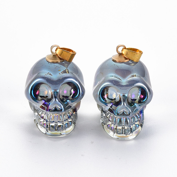 PandaHall Electroplate K9 Glass Pendants, with Golden Plated Brass Bails, Skull, Halloween, Silver, 25x26~27x19mm, Hole: 5x3mm K9 Glass...