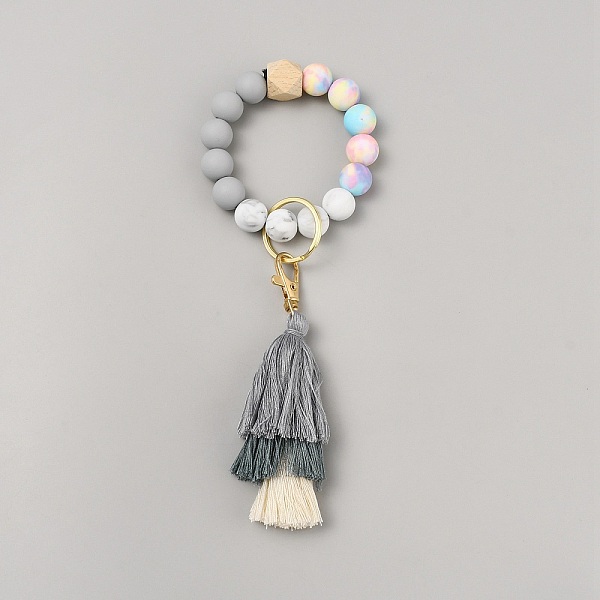

PandaHall Silicone Round Beaded Keychain Wristlet, with Alloy Keychain Clasps Finding and Tassel, Gray, 21~22.5cm Silicone Gray
