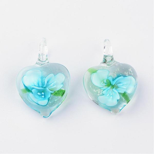 

PandaHall Handmade Luminous Lampwork Pendants, with Inner Flower, Heart, Deep Sky Blue, 27~33x21~23x9~11mm, Hole: 4~7mm Lampwork Heart Blue