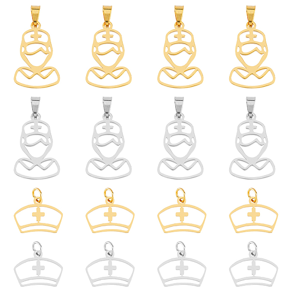 

PandaHall DICOSMETIC 16Pcs 4 Style 201 Stainless Steel Pendants, with Unsoldered Jump Rings, Nurse's Cap, Golden & Stainless Steel Color...