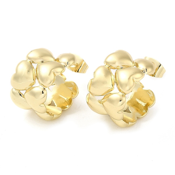 PandaHall Brass Heart Stud Earrings, Half Hoop Earrings for Women, Real 18K Gold Plated, 16.5x11.5mm Brass Heart