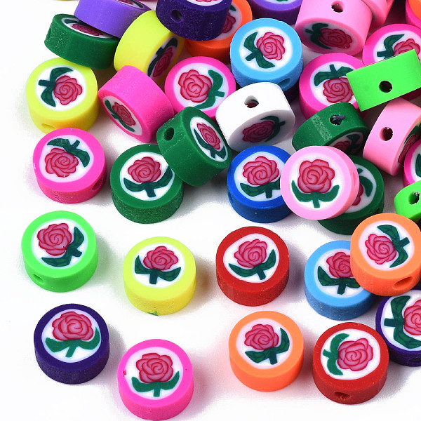 PandaHall Handmade Polymer Clay Beads, Flat Round with Rose, Mixed Color, 9.5x4~4.5mm, Hole: 1.6mm Polymer Clay Flat Round Multicolor
