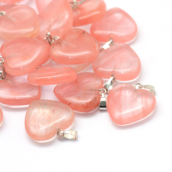 

PandaHall Heart Cherry Quartz Glass Pendants, with Platinum Tone Brass Findings, 20~22x20~21x5~8mm, Hole: 2x7mm Cherry Quartz Glass Heart