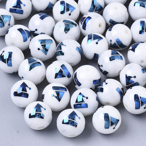 

PandaHall Christmas Opaque Glass Beads, Round with Electroplate Christmas Hat Pattern, Blue Plated, 10mm, Hole: 1.2mm Glass Round White