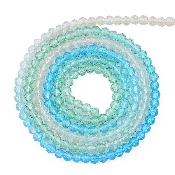 

PandaHall Transparent Glass Beads Strands, Segmented Multi-color Beads, Faceted Round, Turquoise, 2mm, Hole: 0.6mm, about 194~199pcs/strand..., Green