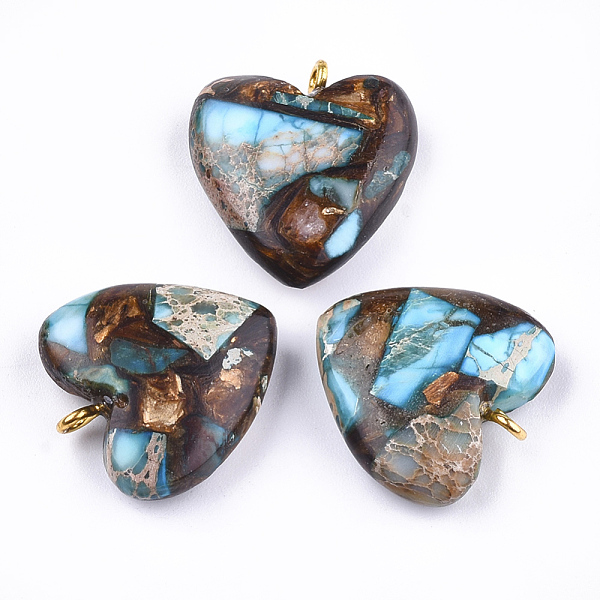 PandaHall Assembled Bronzite and Imperial Jasper Pendants, with Iron Findings, Heart, Golden, 20~22x19~20x5~7mm, Hole: 2mm Imperial Jasper...