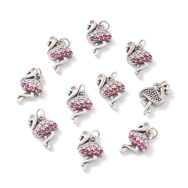 PandaHall Brass Micro Pave Cerise & Pink Cubic Zirconia Charms, with Jump Rings, Long-Lasting Plated, Swan, Antique Silver, 14x7.5x2.5mm...