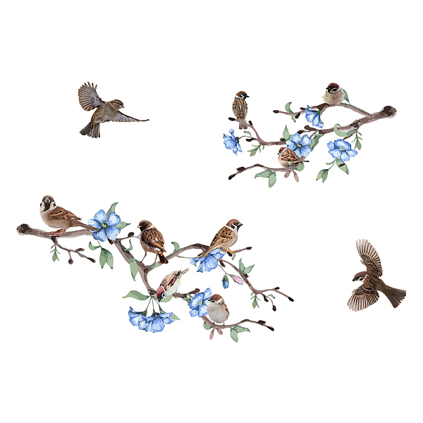 PandaHall SUPERDANT Bird on The Tree Branch Wall Sticker Blue Flowers and Flying Sparrow DIY Art Vinyl Wall Decal Self-Adhesive Wall...