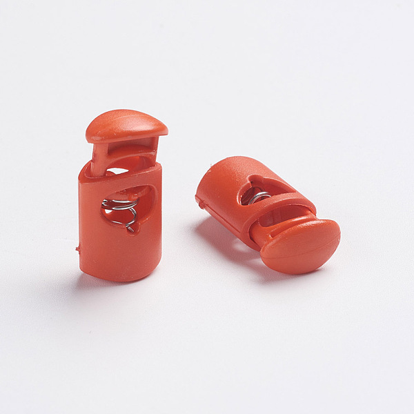 

PandaHall Plastic Spring Cord Locks, 1-Hole, Tomato, 27~28x14x9mm, Hole: 3x7.5mm Plastic Red
