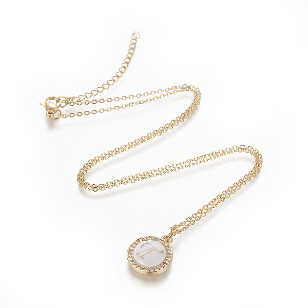 

PandaHall Brass Initial Pendant Necklaces, with Shell, Cubic Zirconia and 304 Stainless Steel Cable Chains, Flat Round with Letter, Letter.T..., Clear