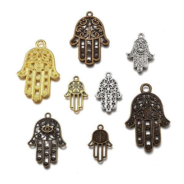 

PandaHall Tibetan Style Alloy Pendants, Hamsa Hand/Hand of Fatima/Hand of Miriam, Mixed Color, 18~57x8.5~35x2~5mm, Hole: 2~4mm Alloy Palm