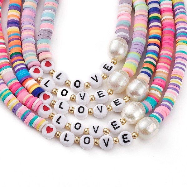 

PandaHall Valentine's Day Rainbow Polymer Clay Heishi Beaded Necklaces, with Acrylic Beads, Glass Seed Beads and Alloy Lobster Claw Clasps..., Multicolor