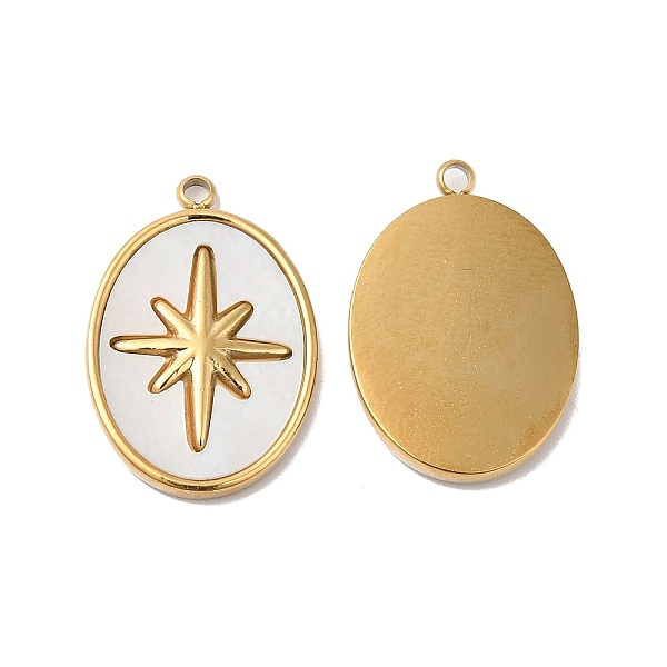 

PandaHall Ion Plating(IP) 304 Stainless Steel Pendants, with White Shell, Oval with Star Charm, Real 14K Gold Plated, 20.5x14x2mm, Hole...