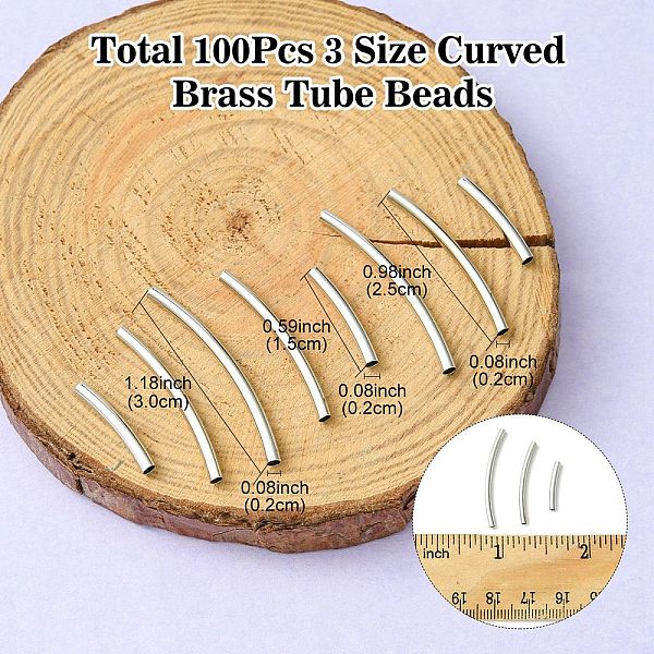 

PandaHall 100Pcs 3 Styles Brass Tube Beads, Curved Tube, Platinum, 25x2mm, Hole: 1mm Brass Tube