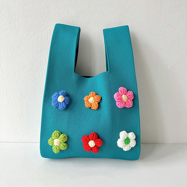 

PandaHall Polyester 3D Flower Knitted Tote Bags, Cartoon Crochet Handbags for Women, Dark Turquoise, 34x21cm Polyester Flower