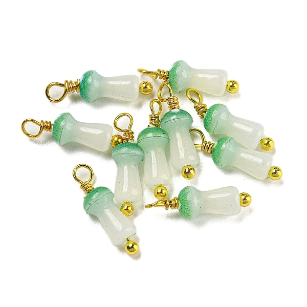 

PandaHall Mushroom Glass Charms, with Real 18K Gold Plated Brass Findings, Lime Green, 14~14.5x4~4.5mm, Hole: 1.6mm Brass+Glass Mushroom