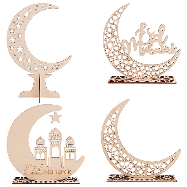 

PandaHall Eid Mubarak Wooden Ornaments, Ramadan Wood Tabletop Decoration, Moon with Word & Star, Blanched Almond, 4set/bag Wood Moon Orange