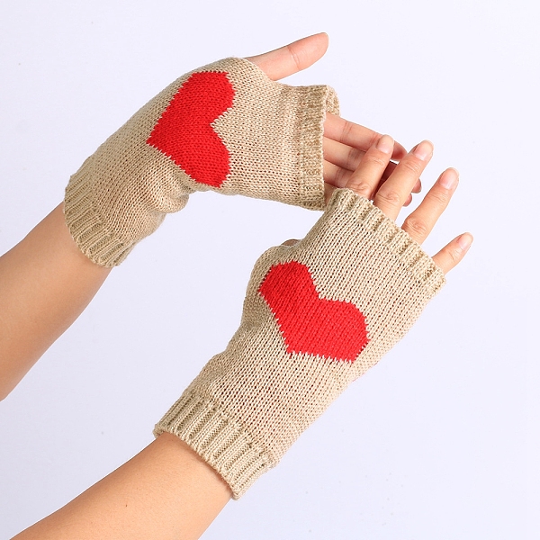 PandaHall Polyacrylonitrile Fiber Yarn Knitting Fingerless Gloves, Two Tone Winter Warm Gloves with Thumb Hole, Heart Pattern, PapayaWhip &...