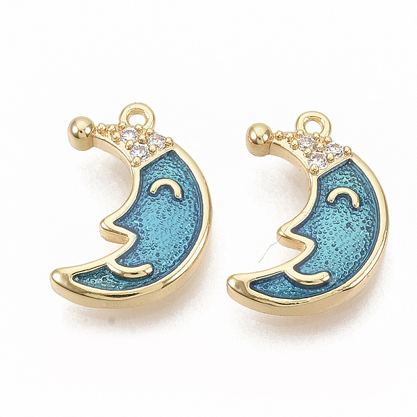 

PandaHall Brass Micro Pave Clear Cubic Zirconia Charms, with Enamel, Nickel Free, Real 18K Gold Plated, Moon, 14.5x10x2.5mm, Hole: 0.9mm..., Cyan