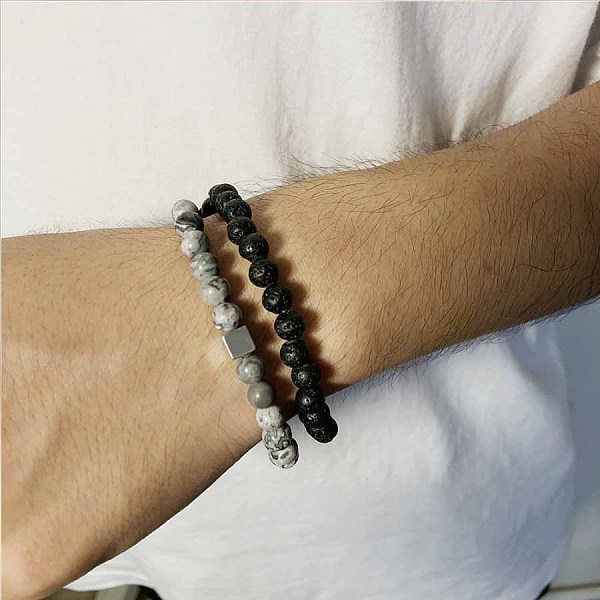 

PandaHall Fashion Retro Black Matte Bracelet Set with Zircon Crown, Diamond Ball, Dice, Lion Head Bracelet Natural Gemstone Round Black