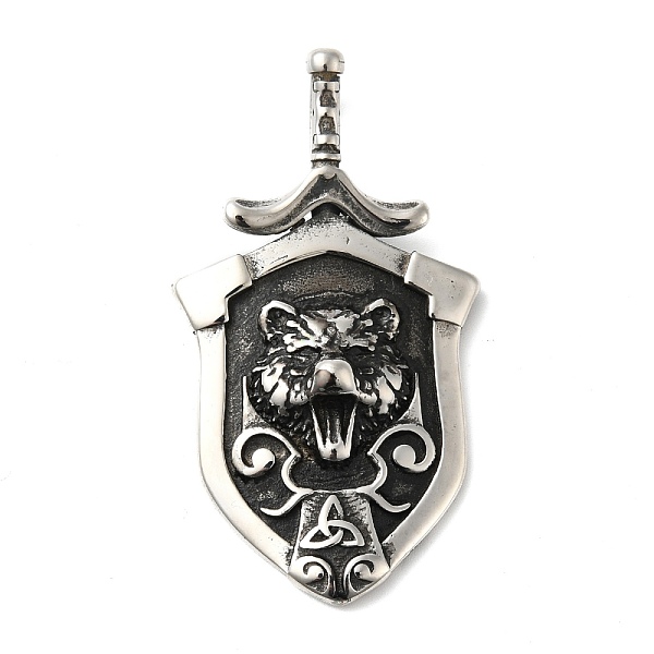 

PandaHall 304 Stainless Steel Manual Polishing Big Pendants, Shield with Wolf & Triple Horn, Antique Silver, 51x28.5x6mm, Hole: 5x11mm 304...