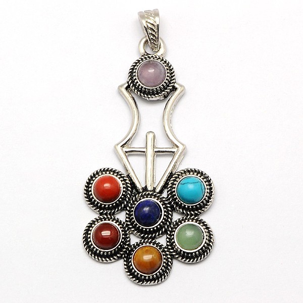 

PandaHall Vintage Chakra Jewelry Alloy Bezel Gemstone Big Pendants, Flower, Antique Silver, 70x35x7mm, Hole: 7x4mm Mixed Stone Flower..., Multicolor