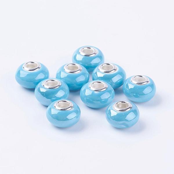 

PandaHall Handmade Porcelain European Beads, with Silver Color Brass Double Cores, Rondelle, Sky Blue, 15x10~11mm, Hole: 5mm Porcelain+Brass...