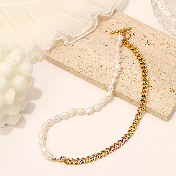 

PandaHall Natural Pearl Beaded Necklace with Stainless Steel Cuban Link Chains, Golden, 17.72 inch(45cm) Pearl