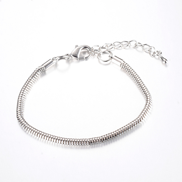 

PandaHall Brass European Style Bracelets Jewelry Making, with Lobster Claw Clasps and Iron End Chains, Platinum, 7-1/8 inch(180mm)x3mm Brass