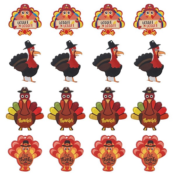 

PandaHall 20Pcs 4 Styles Thanksgiving Day Opaque Acrylic Pendants, Turkey Charm, Red, 37~53x39.5~52x2.2mm, Hole: 1.5mm Acrylic Rooster Red