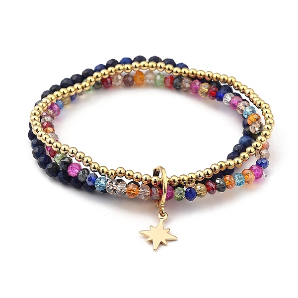 

PandaHall Stretch Bracelets, with Natural Lapis Lazuli(Dyed) Beads, Glass Beads, Brass Beads & Star Pendant, Golden, Inner Diameter: 5.5cm..., Multicolor