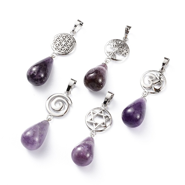 

PandaHall Yoga Chakra Jewelry, Natural Amethyst Pendants, with Platinum Plated Brass Findings, Teardrop & Votex/Om Symbol/Tree of...