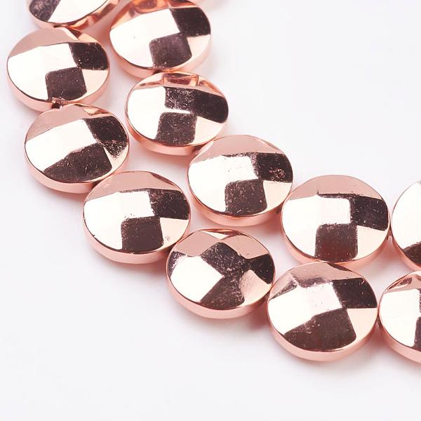 PandaHall Electroplate Non-magnetic Synthetic Hematite Beads Strands, Grade AAA, Faceted, Flat Round, Rose Gold Plated, 12x4.5mm, Hole: 1mm...