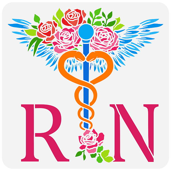 

PandaHall FINGERINSPIRE RN Nurse Painting Stencil 11.8x11.8 inch Reusable Caduceus Stencil Staff of Hermes Medical Symbol Rose Wings Drawing...