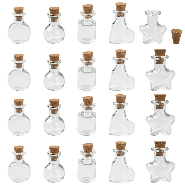 

PandaHall 20Pcs 5 Styles Mini High Borosilicate Glass Bottle Bead Containers, Wishing Bottle, with Cork Stopper, Star & Heart & Round, Mixed..., Clear