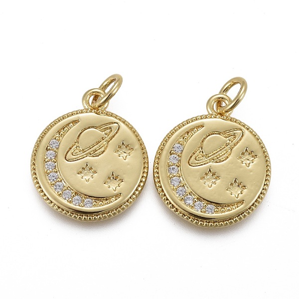 

PandaHall Brass Micro Pave Clear Cubic Zirconia Pendants, with Jump Rings, Long-Lasting Plated, Flat Round & Planet & Star & Moon, Real 18K...