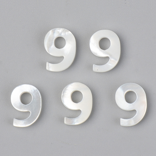 

PandaHall Natural White Shell Mother of Pearl Shell Charms, Number, Num.9, 10x7x2mm, Hole: 0.8mm White Shell Number White