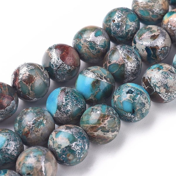 

PandaHall Synthetic Silver Line Imperial Jasper Beads Strands, Dyed, Round, Sky Blue, 8~8.5mm, Hole: 0.8~1.2mm, about 49 pcs/Strand, 15.94...