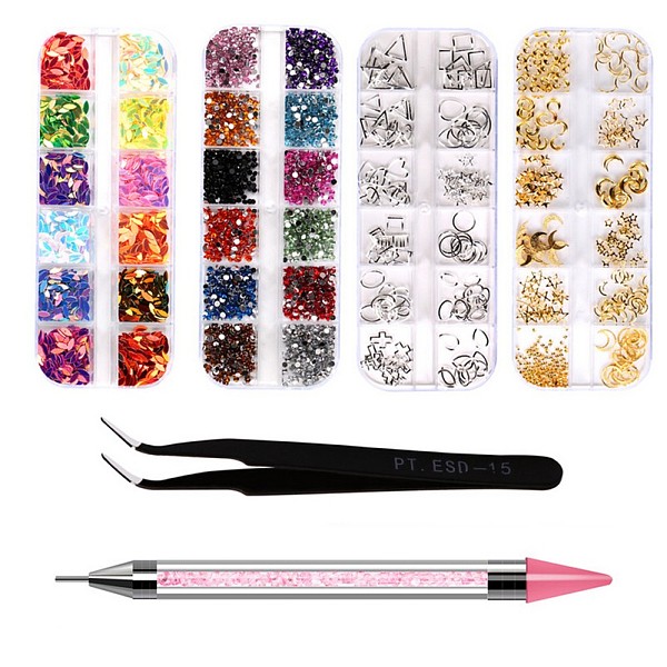 PandaHall Manicure Tools Kits, with Horse Eye Sequins & Nail Art Rhinestone & Stud Rivets, Stainless Steel Tweezers and Point Drill Removal...