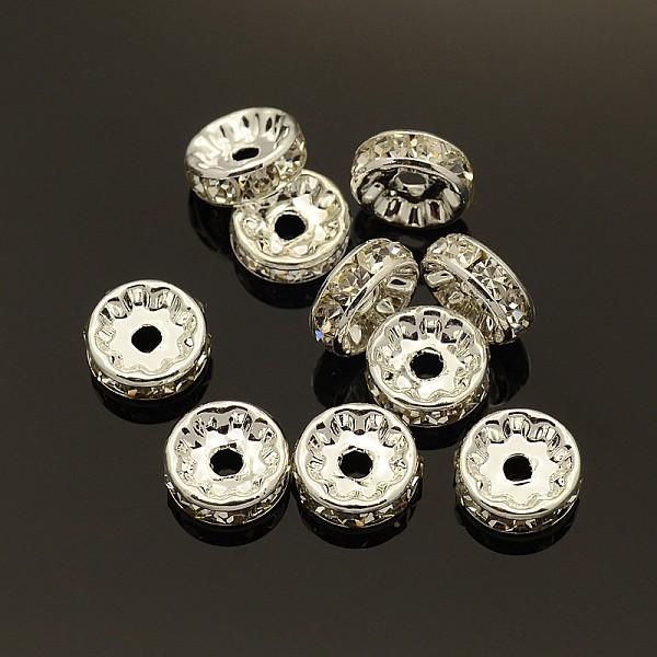 PandaHall Brass Rhinestone Spacer Beads, Grade AAA, Straight Flange, Nickel Free, Silver Color Plated, Rondelle, Crystal, 10x4mm, Hole: 2mm...