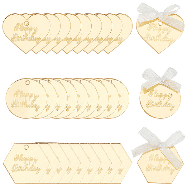 PandaHall BENECREAT 30pcs 3 Shapes Happy Birthday Acrylic Tags With Hole Kit, Gold Acrylic Hanging Ornament with 22.8m Satin Ribbon for...