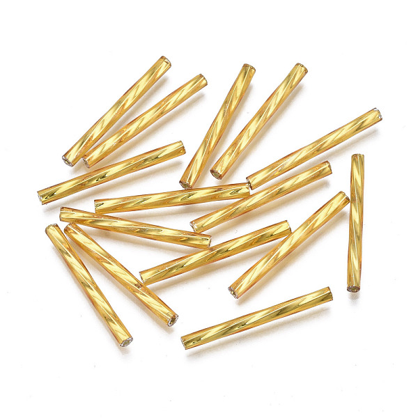 

PandaHall Opaque Glass Twisted Bugle Beads, Round Hole, Golden Plated, 25~26x2.5mm, Hole: 1mm, about 1500pcs/bag Glass